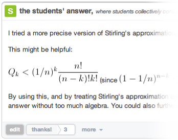 Piazza's window for answering teacher's questions and sharing publicly, with sample math solution by student.